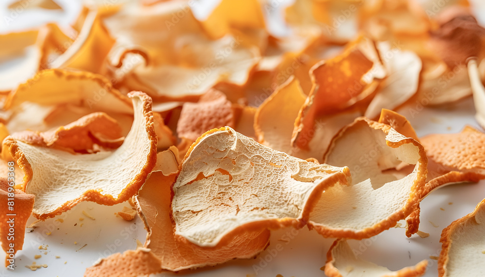 Many dry orange peels on white table, closeup Many dry orange peels on white table, closeup