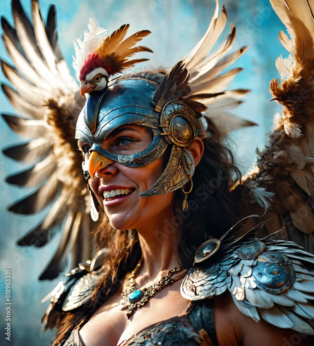 Vintage-Inspired Realistic Illustration of Powerful Female Barbarian Aarakocra Gen AI photo