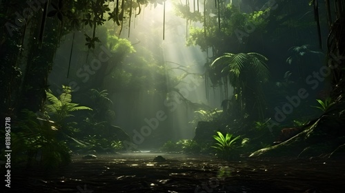 Ancient rainforest with old trees. Generative AI. © Studicon