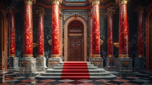 A red carpet leads to a grand entrance of a building with marble pillars