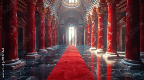 A red carpet leads to a grand hall with red pillars photo