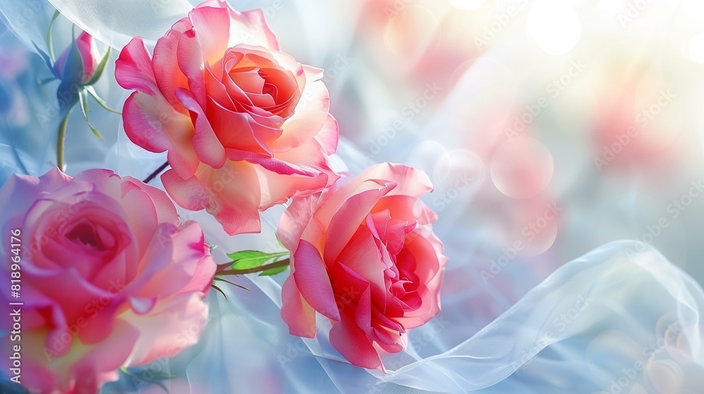 Three pink roses on white background with Three pink roses on white background with