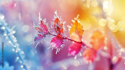 Beautiful winter scenery with plant covered with frost snow
