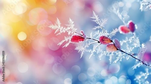 Beautiful winter scene with snow-covered branch with red berries