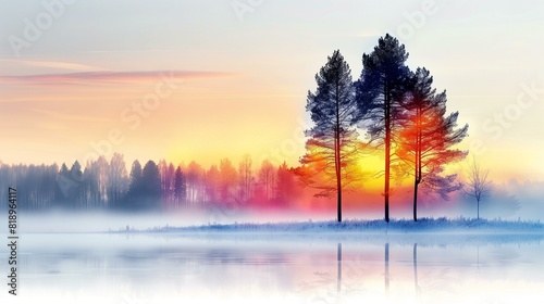 Beautiful winter landscape with frozen lake snow-covered trees setting sun