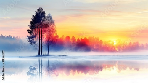 Beautiful winter landscape with frozen lake snow-covered trees setting sun