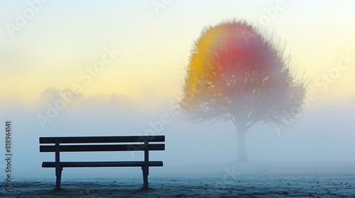 Park bench in foggy park with tree in background photo