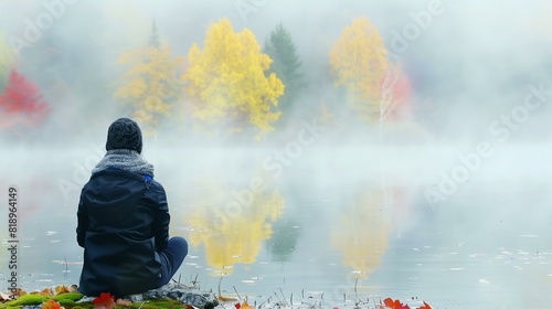 Woman sitting on rock in middle lake with foggy forest in background photo