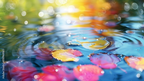 Floating autumn leaves on water surface with blurred colorful background photo