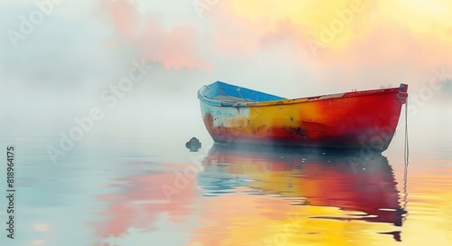 Lonely boat floating on misty lake at dawn photo