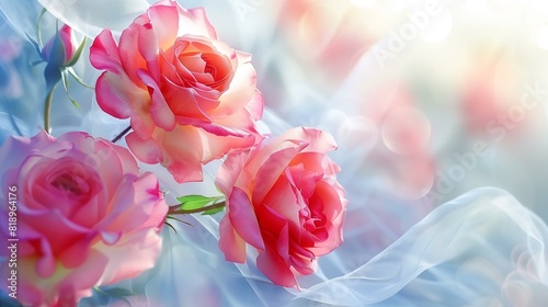 Three pink roses on white background with