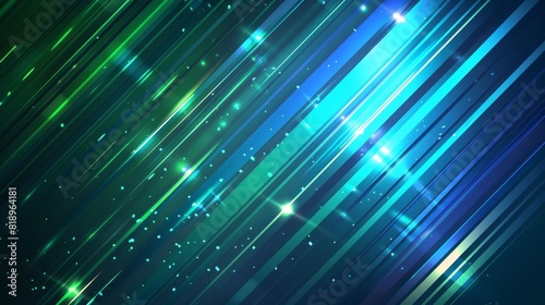 Diagonal green and blue streaks of light on a dark background with sparkling particles.