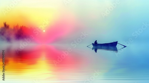 Boat on misty lake at sunrise with beautiful sky photo