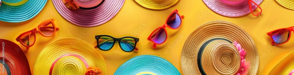 Whimsical Sun Hats And Sunglasses Pattern Background. With Copy Space, Abstract Background Whimsical Sun Hats And Sunglasses Pattern Background. With Copy Space, Abstract Background