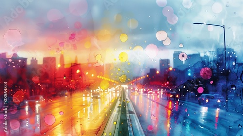 Colorful artistic depiction rainy city street with focus on wet road photo