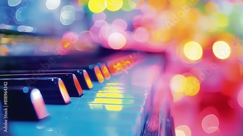 Piano keyboard with colorful lights in background photo