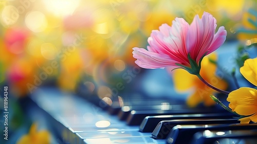 Piano keyboard with flower on top with blurred background yellow orange flowers