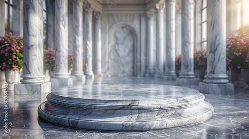A marble floor with a large circular pedestal in the center photo