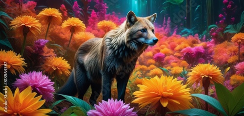 A vividly rendered fox stands alert amidst a lush, colorful floral environment, evoking a sense of mystery and wilderness.