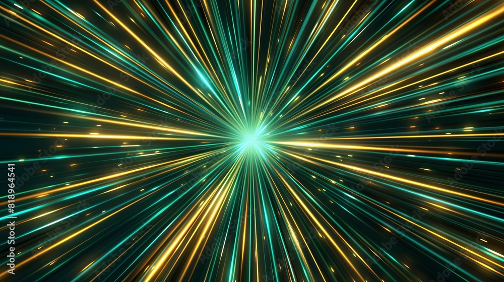Abstract background featuring green and gold radial light beams converging at a bright center point, creating a starburst effect. Abstract background featuring green and gold radial light beams converging at a bright center point, creating a starburst effect.