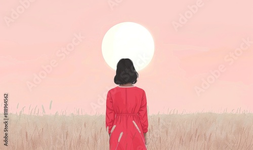girl in red stands on the grass  looking at her back with an empty pink sky and white sun above it