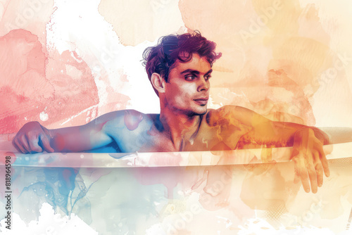 handsome man in a bathtub, in style of an aquarelle