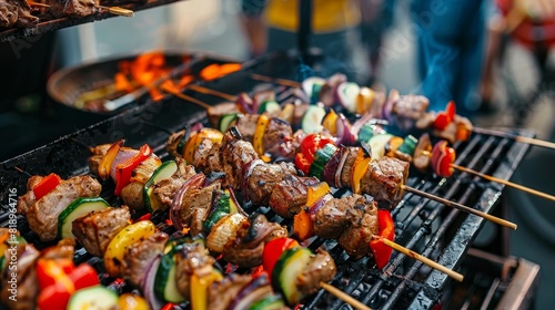 Close-up of skewers with grilled meat and vegetables on a barbecue grill with flames in the background.