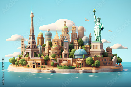 Travel illustration of world famous landmarks and tourist destination elements. 3d ilustration