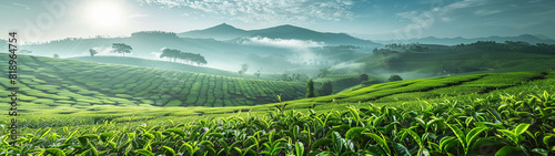 scenic view of lush,  tea fields stretching across rolling hills under a cloudy sky. The landscape is serene, with the soft sunlight breaking through the clouds, illuminating the verdant terrain