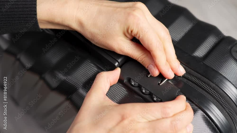 Close up hand close suitcase with combination lock. Hand entering code for open black suitcase Close up hand close suitcase with combination lock. Hand entering code for open black suitcase