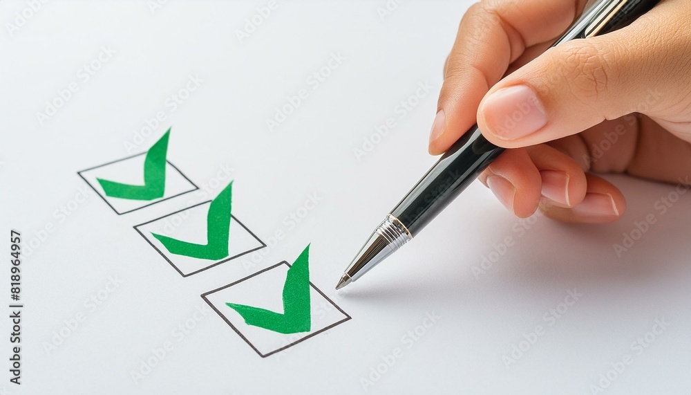 close up a hand mand with pen writing on paper with check mark icon isolated white background close up a hand mand with pen writing on paper with check mark icon isolated white background