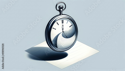 A minimalist, surreal image of a pocket watch with a vortex-like spiral inside the clock face. The watch casts a shadow on a sheet of paper, creating a sense of depth and timelessness photo