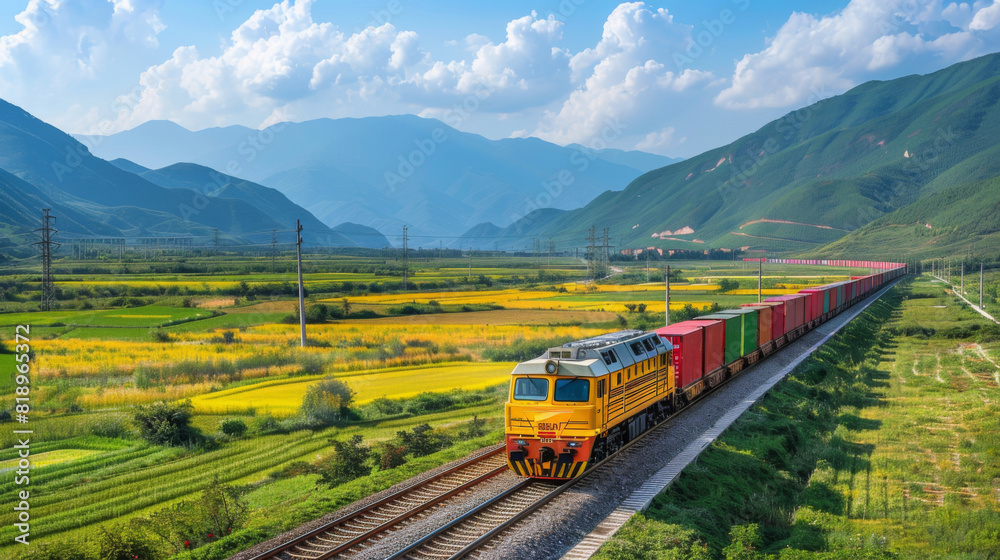 Bright yellow cargo train moving swiftly through lush green fields with mountains in the background under a clear sky. Bright yellow cargo train moving swiftly through lush green fields with mountains in the background under a clear sky.