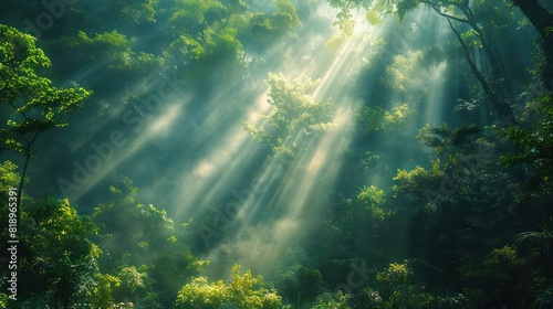 A lush green forest with sunlight streaming through the trees  creating a serene