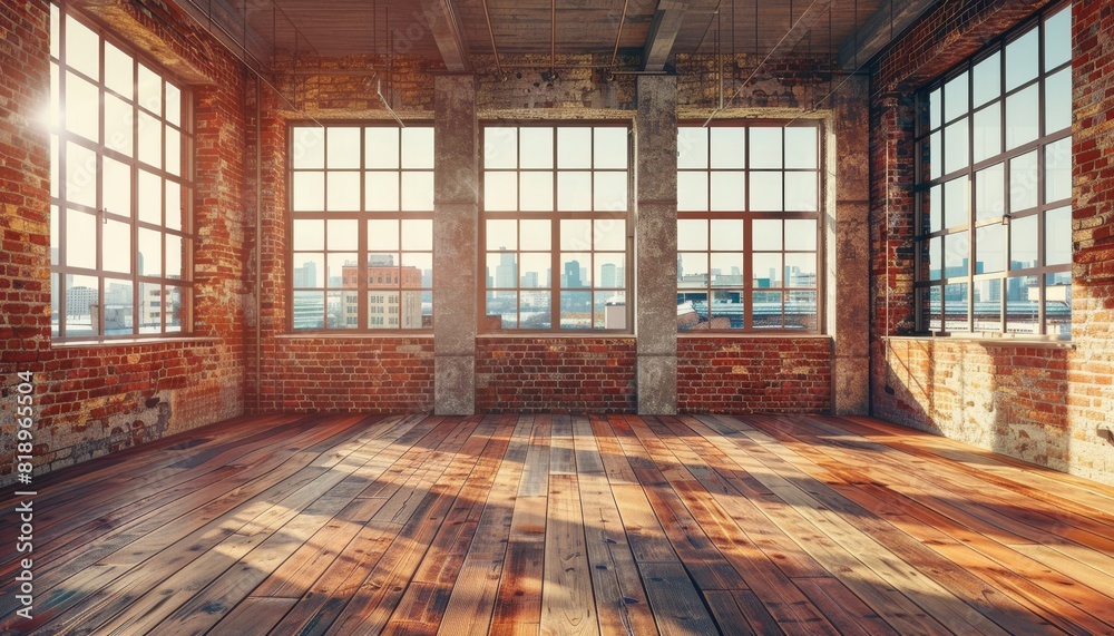 Modern Loft with Parquet Flooring: Wide-angle shot of an empty loft space with parquet flooring, exposed brick walls, and large windows, highlighting the blend of modern and industrial design Modern Loft with Parquet Flooring: Wide-angle shot of an empty loft space with parquet flooring, exposed brick walls, and large windows, highlighting the blend of modern and industrial design