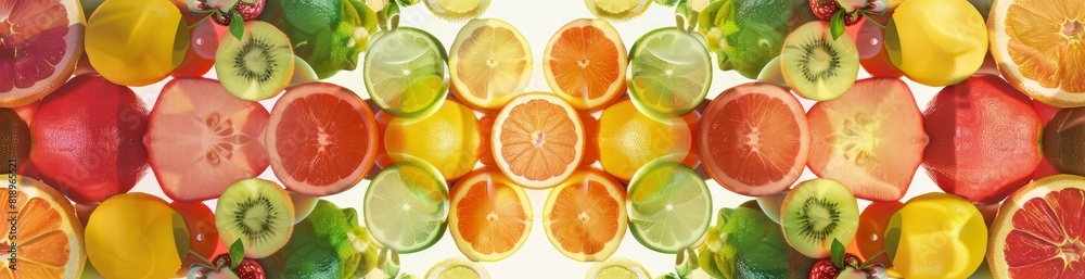 Kaleidoscope Of Summer Fruits In Abstract Forms. With Copy Space, Abstract Background