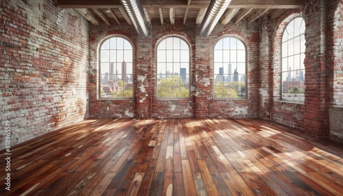 Modern Loft with Parquet Flooring  Wide-angle shot of an empty loft space with parquet flooring  exposed brick walls  and large windows  highlighting the blend of modern and industrial design