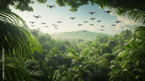 A lush tropical rainforest canopy, alive with the whirring of AI-piloted drones conducting biodiversity surveys, capturing panoramic views of the rich ecosystem below.  photo