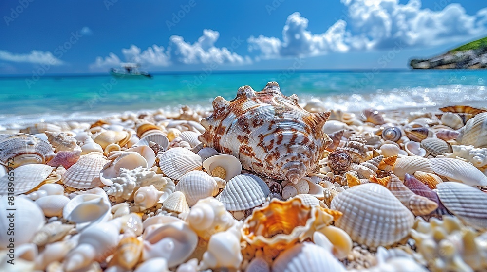 A group of seashells is scattered on the sandy beach shore, with a boat visible in the water behind them A group of seashells is scattered on the sandy beach shore, with a boat visible in the water behind them