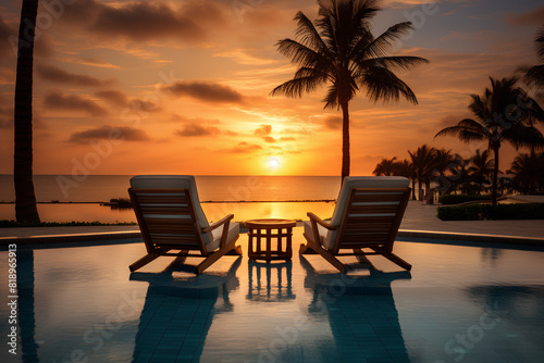 two deck chairs by the pool at sunset at a luxury beach hotel on a tropical island