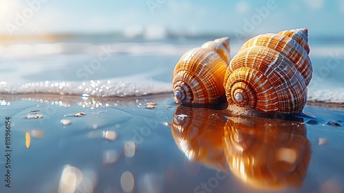  A few seashells resting on a sunny beach next to the water
