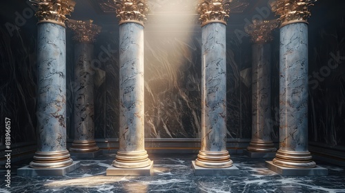 A room with four pillars and a marble floor photo