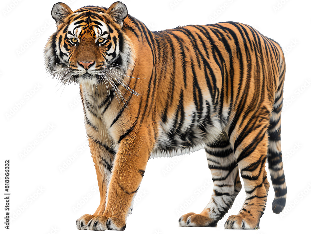 Naklejka premium A majestic tiger stands tall, its piercing gaze commanding attention