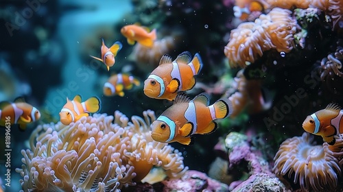   Group of clownfish swimming with sea anemones on coral reef in aquarium photo