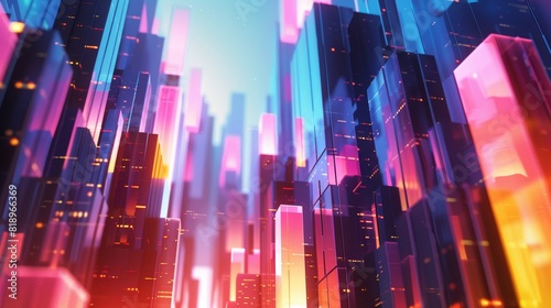 Vibrant futuristic cityscape with neon lights and tall skyscrapers creating a modern and dynamic urban environment at night.