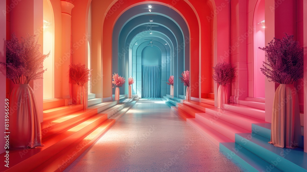 A colorful hallway with a pink archway and a blue archway A colorful hallway with a pink archway and a blue archway