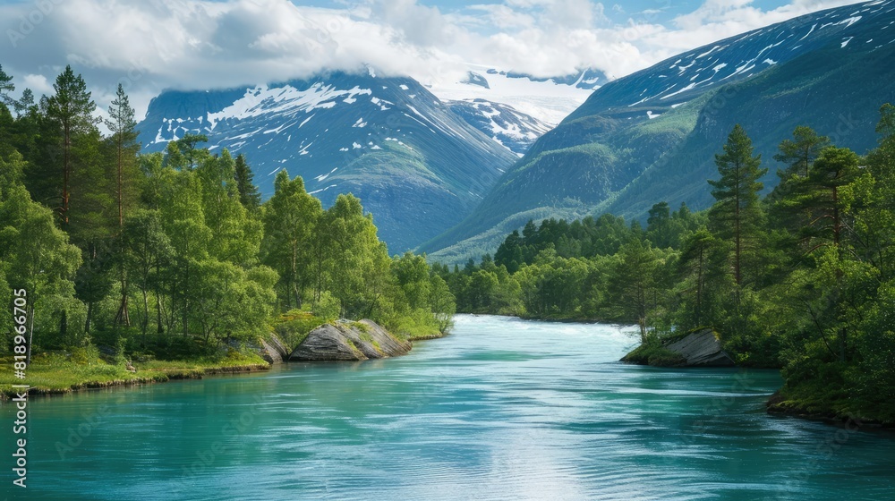 forest and the crystal blue river in Jotunheimen National Park 