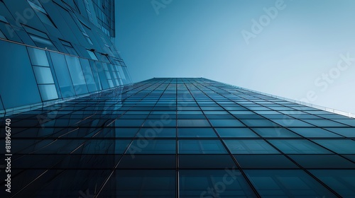 A tall skyscraper made of reflective glass and steel with a blue sky in the background.  