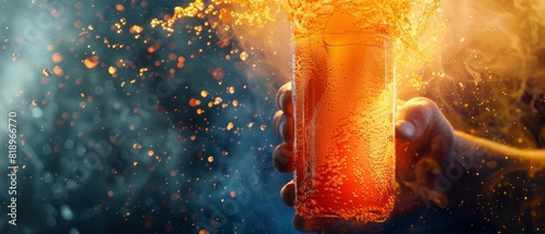 Vibrant close-up of hand holding a glass of fizzy orange drink with dynamic splash effect and colorful background. photo