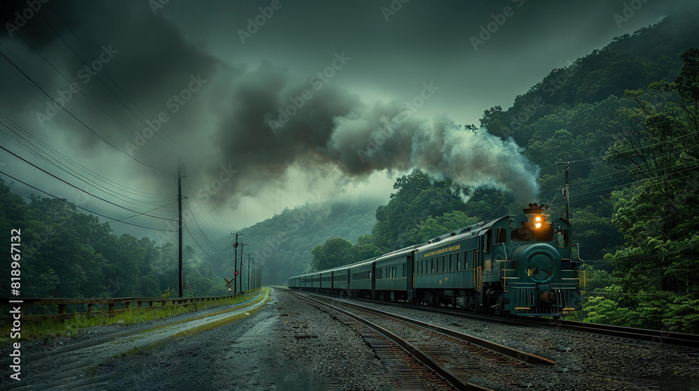 A train on a track with smoke billowing from its chimney, surrounded by trees on either side A train on a track with smoke billowing from its chimney, surrounded by trees on either side